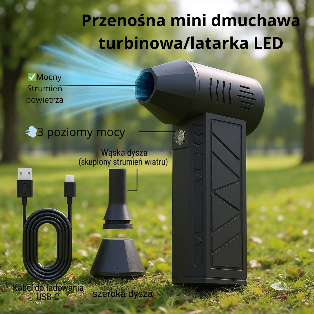 Mocna mini-dmuchawa do grilla/liści/samochodu z latarką LED