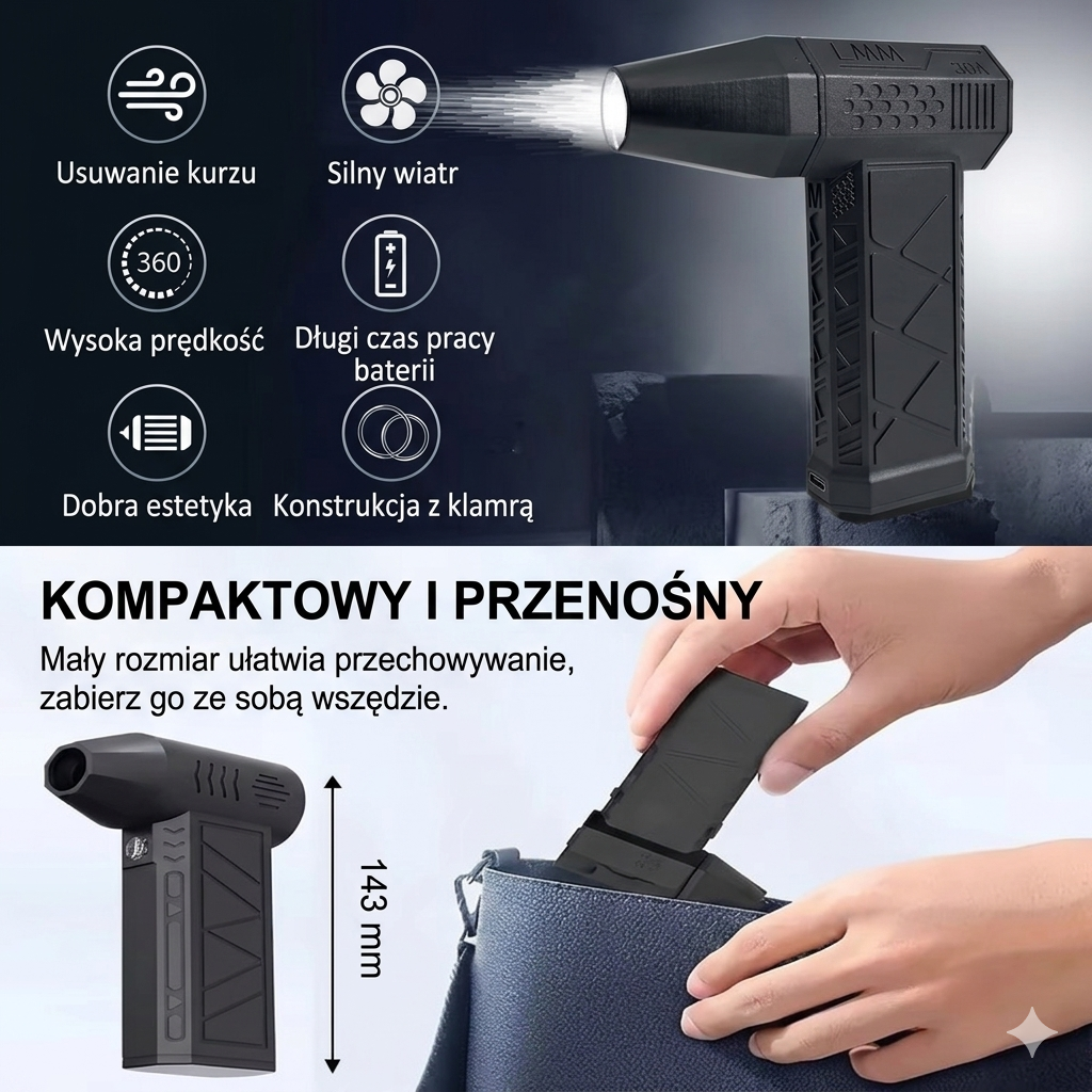 Mocna mini-dmuchawa do grilla/liści/samochodu z latarką LED